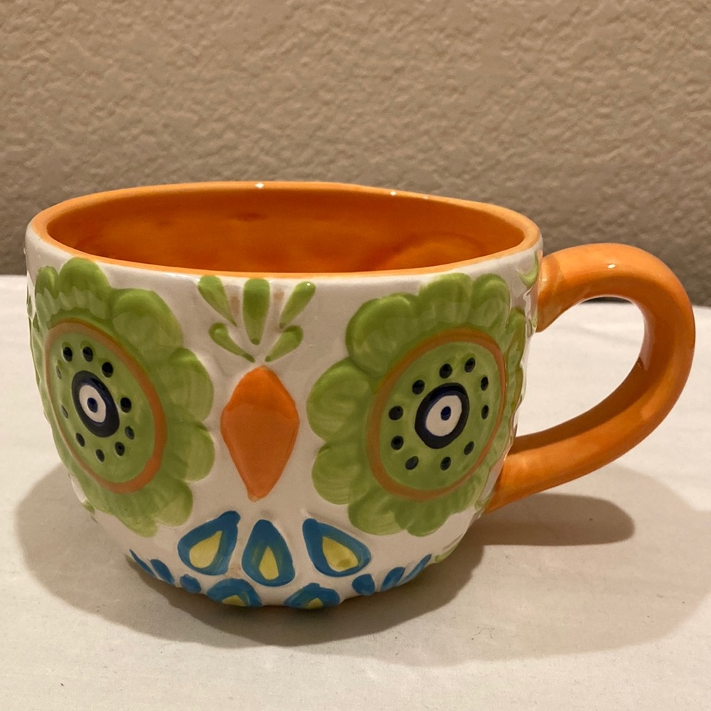 Clay Art Oversized Floral Owl Mug Cup Colorful Design with Orange Inside 18oz